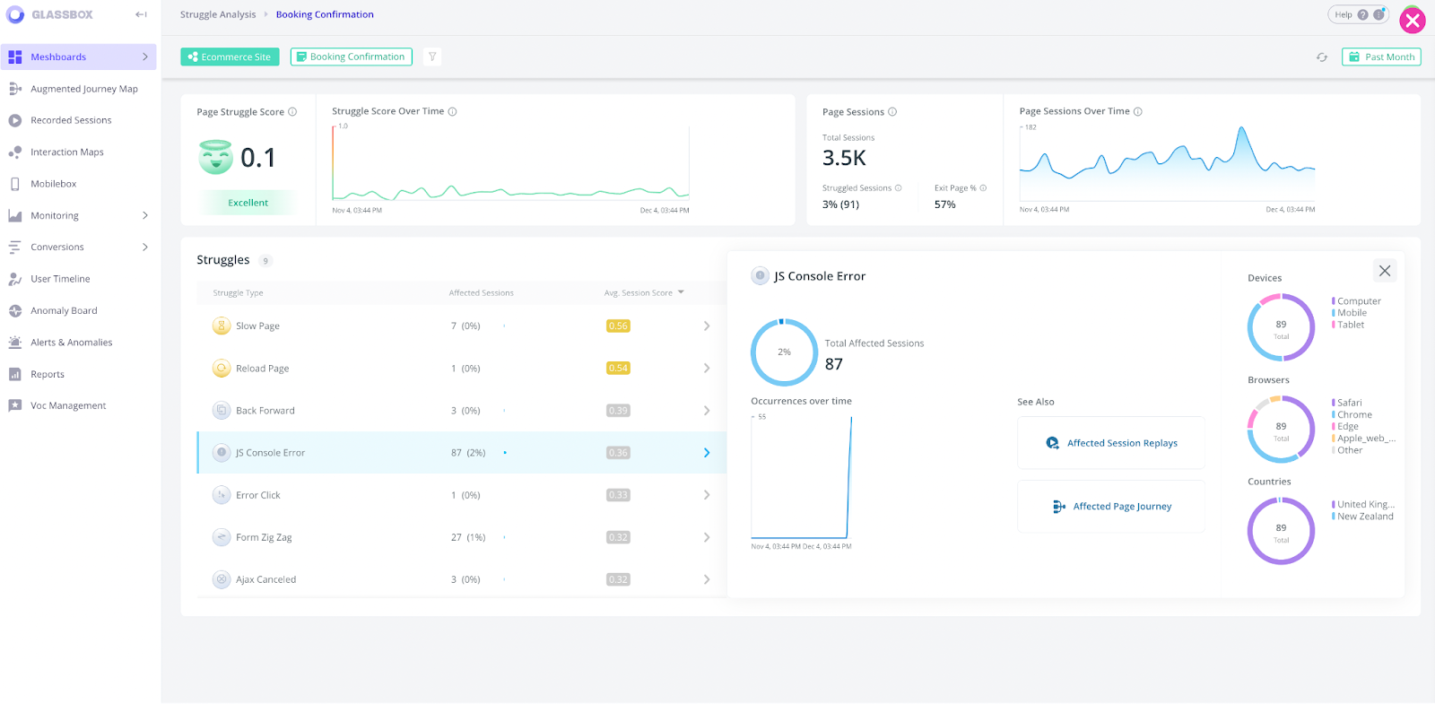 Viewing struggle analysis data in Glassbox's dashboard